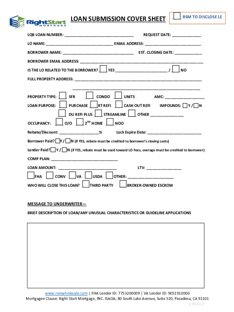  LOAN SUBMISSION COVER SHEET Right Start Mortgage 2022-2024