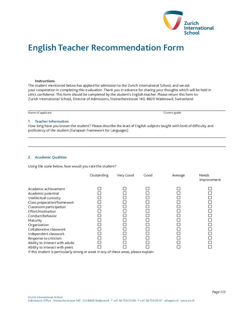  Fillable Online Zis English Teacher Recommendation Form 2021-2024