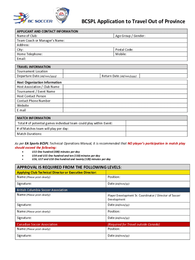  Fillable Online BCSPL Application to Travel Out of Province Fax 2024
