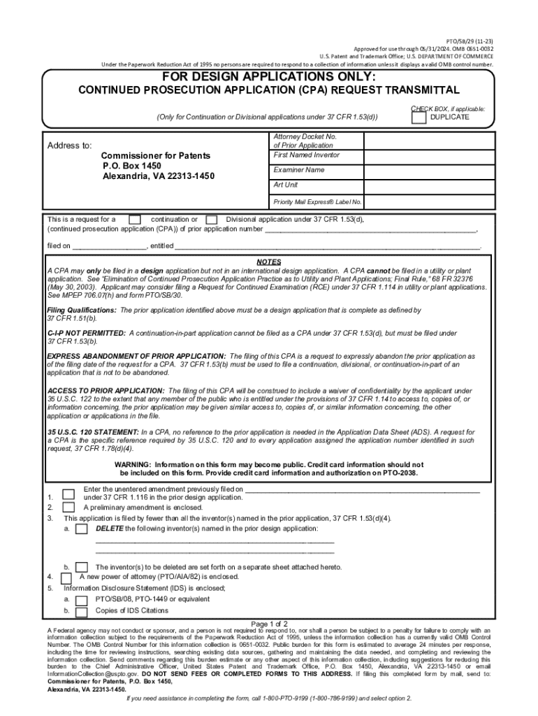  PTOSB29 for Design Applications Only Continued Prosecution Application CPA Request Transmittal 2023-2024