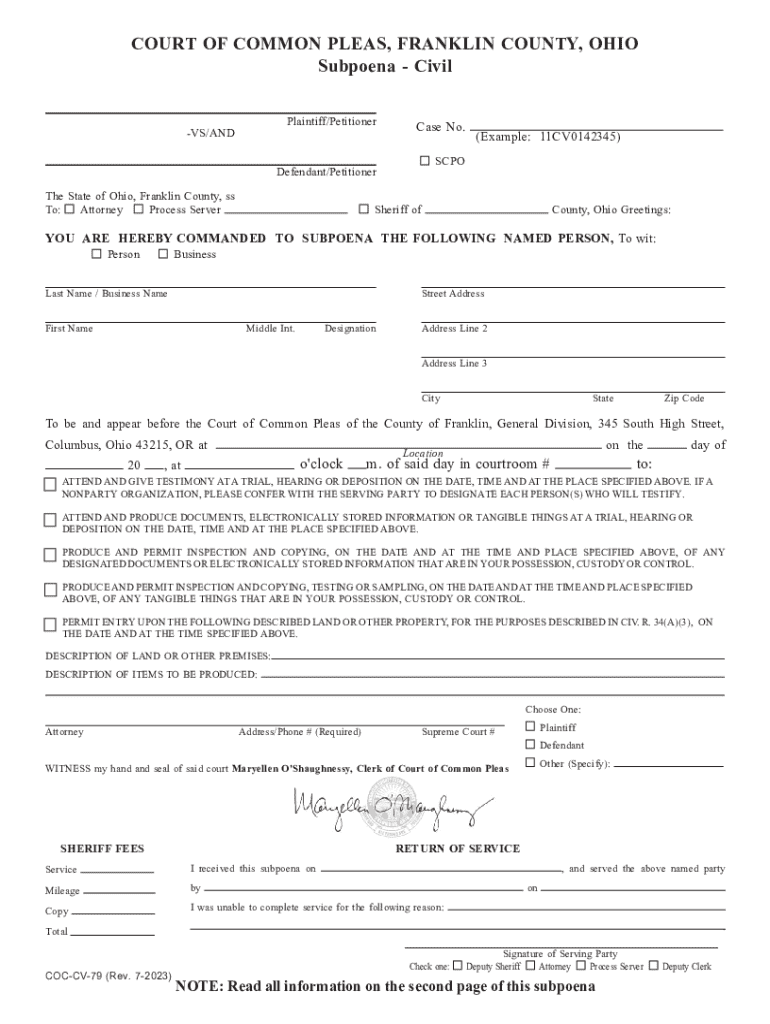  Subpoena Civil Ohio Clerk of Courts Franklin 2023-2024