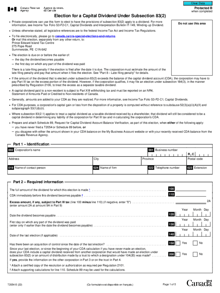  New T2054 Capital Dividend Account Election Formfollow Up 2022-2024