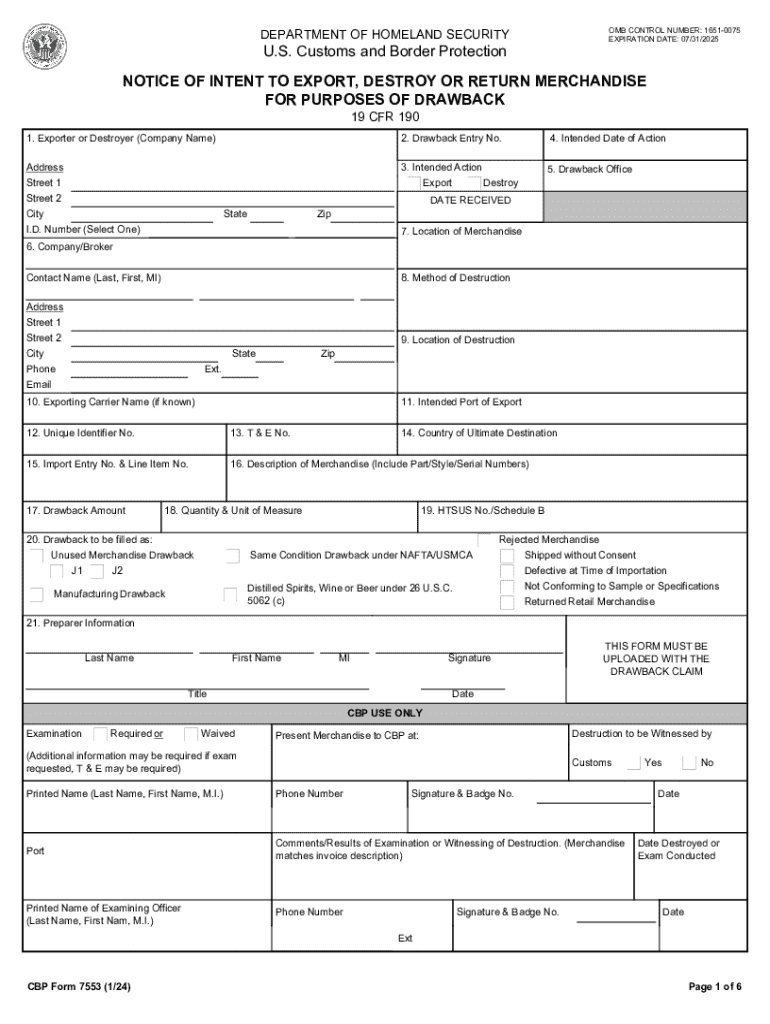  CBP Form 7553 Notice of Intent to Export, Destroy or 2024