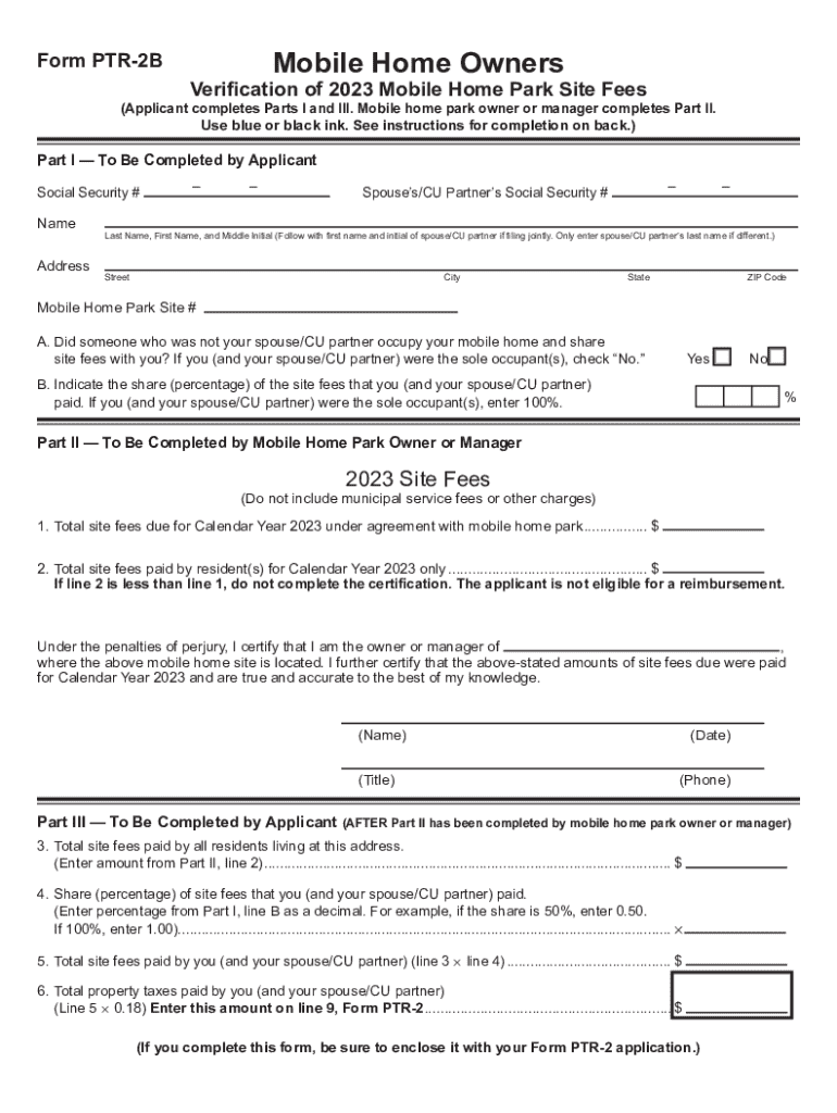  Mobile Home Owners Verification of Mobile Home Park Site Fees for Use with Form PTR 2 2023-2024