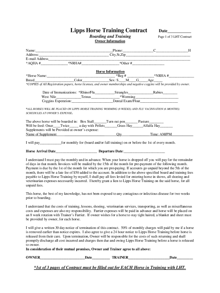  Horse Training Contract Template Fill Online, Printable, 2022-2024