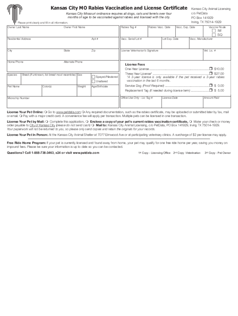 Kansas City MO Rabies Vaccination and License Certificate  Form