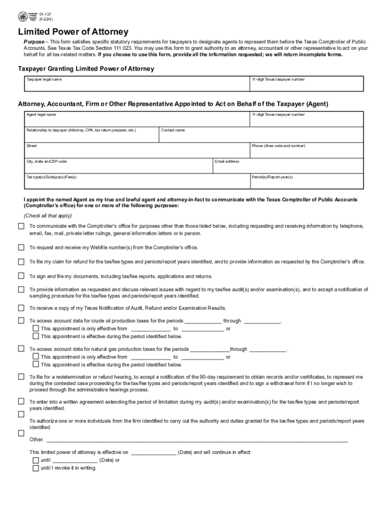 Texas Tax Power of Attorney Form 01 137 PDF PRINT