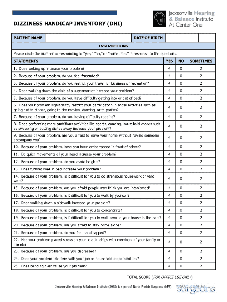 DIZZINESS HANDICAP INVENTORY DHI PATIENT NAMED a  Form