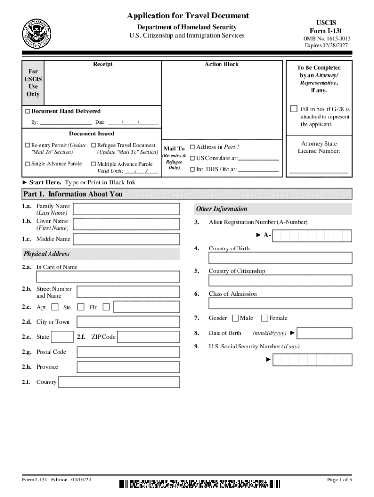  Form I 131A, Application for Carrier Documentation 2013