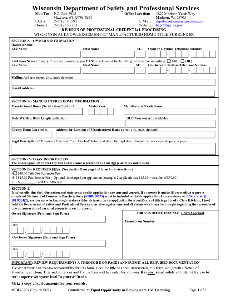  #SB 3209, Wisconsin Acknowledgement of Manufactured Home Title Surrender #SB 3209, Title Surrender 2021-2024