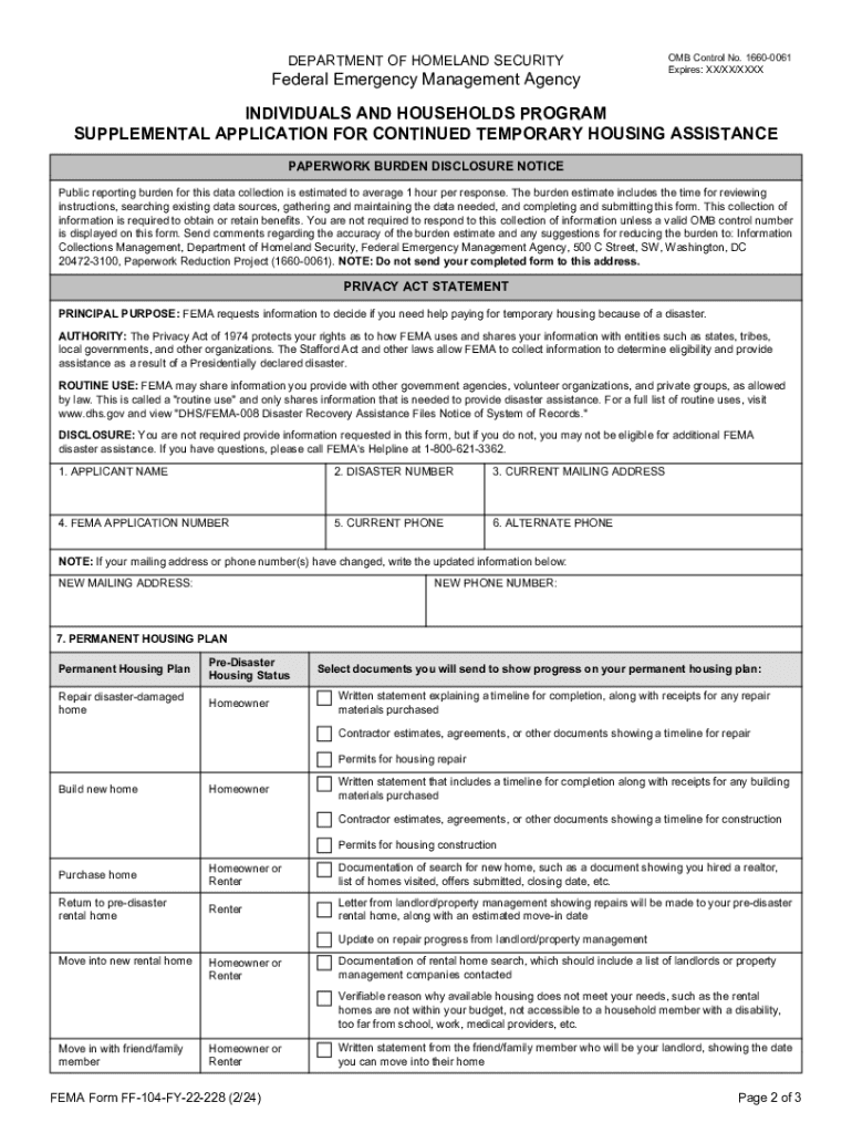 Supplemental Application for Continued Temporary Housing Assistance  Form