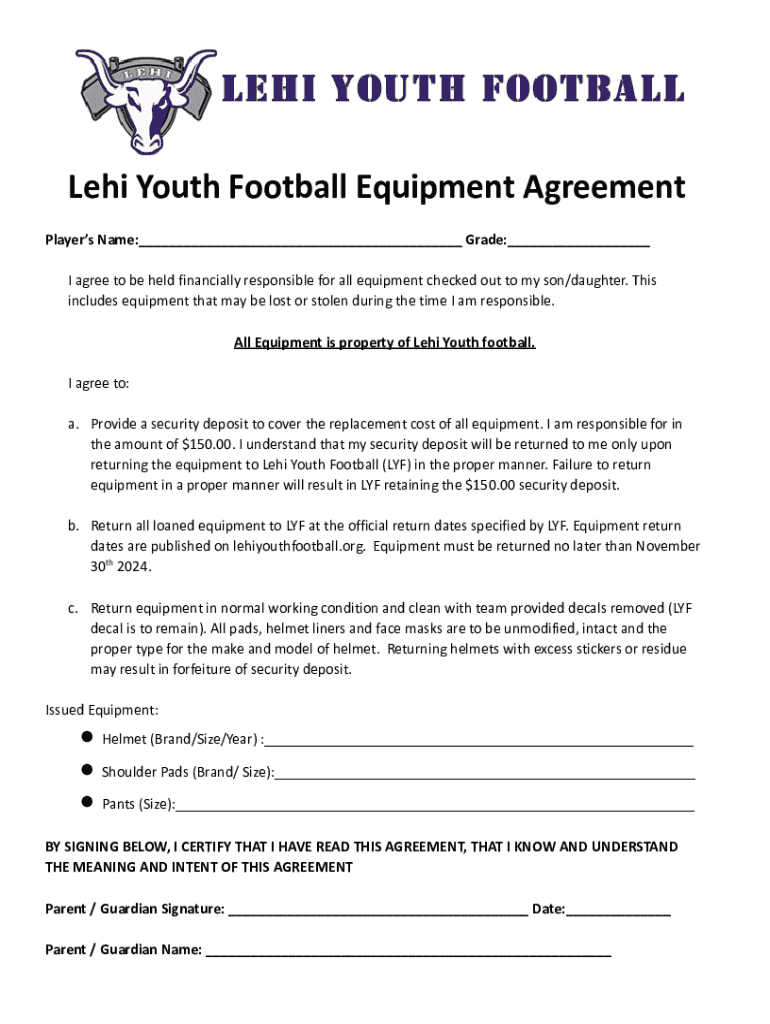  Lehi Youth Football Equipment Agreement Print Version 2024