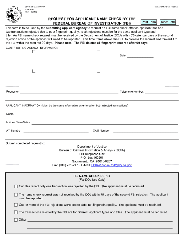  BCIA 8020, Request for Applicant Name Check by the Federal Bureau of Investigation FBI 2019-2024