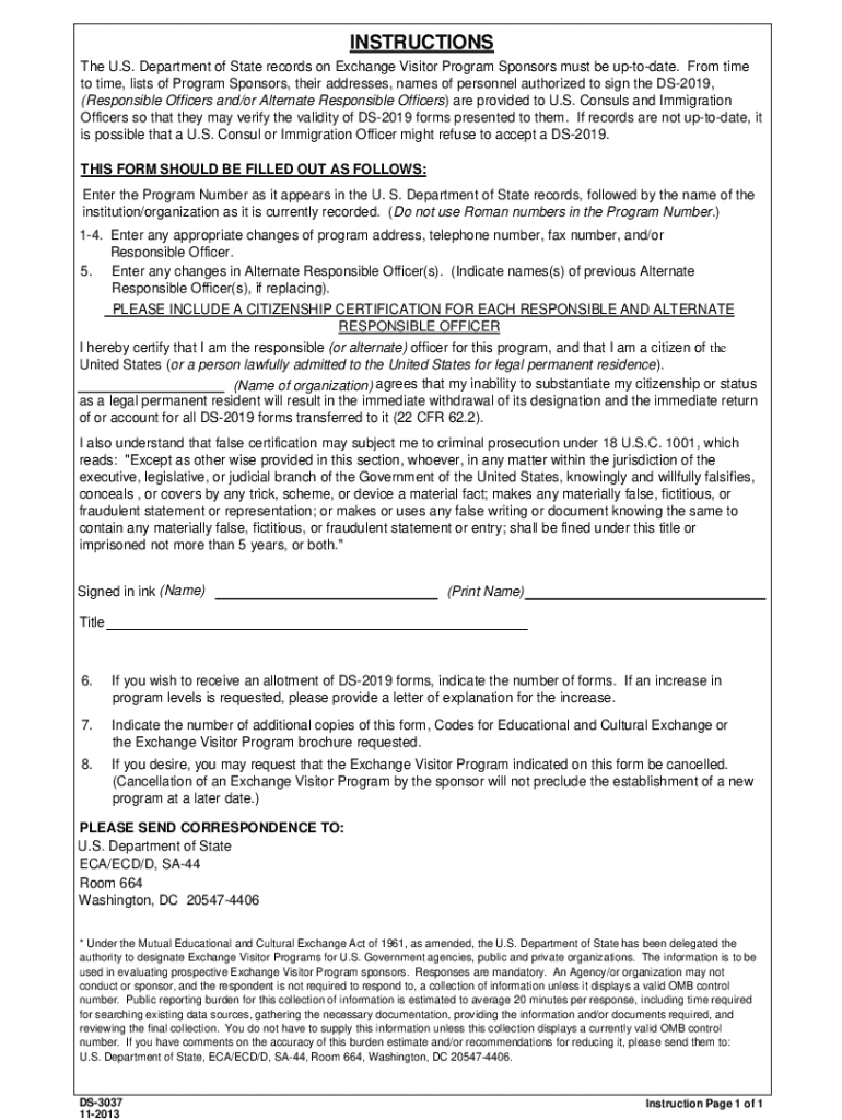  Form DS 3037 Update of Information on Exchange Visitor Program Sponso 2013-2024