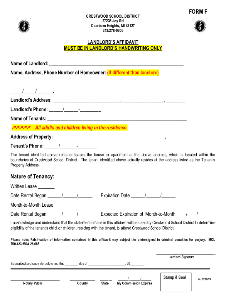  Get Form F Landlord Affidavit Crestwood School District 2019-2024