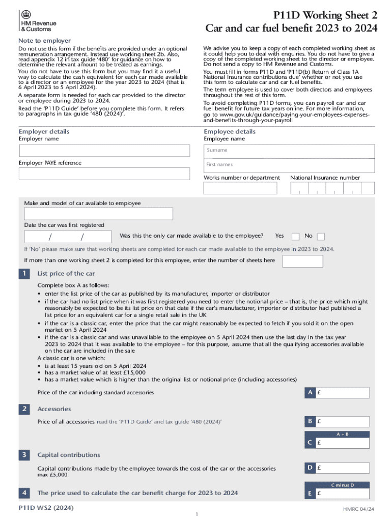  P11D Working Sheet 2 Car and Car Fuel Benefit to 2024