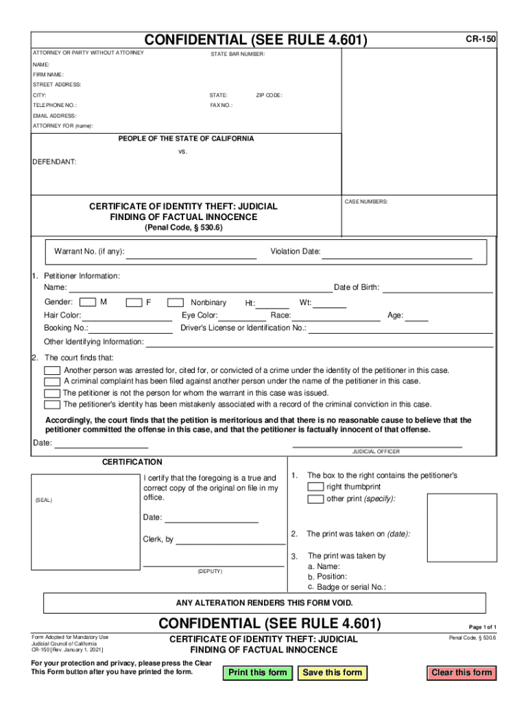 CR 150 CERTIFICATE of IDENTITY THEFT JUDICIAL FINDING of FACTUAL INNOCENCE  Form