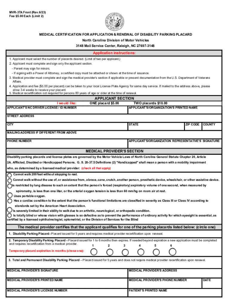 North Carolina Application for Disability Parking Placard PDF  Form