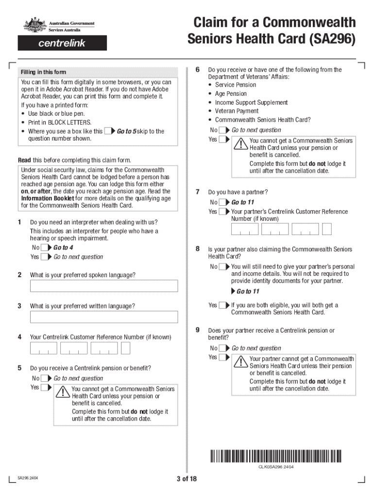 Claim for a Commonwealth Seniors Health Card  Form