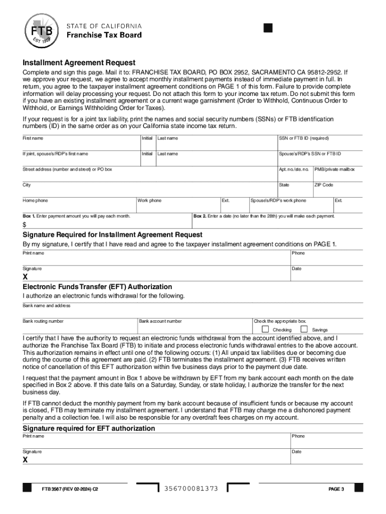 FTB 3567 Installment Agreement Request FTB 3567, Installment Agreement Request  Form