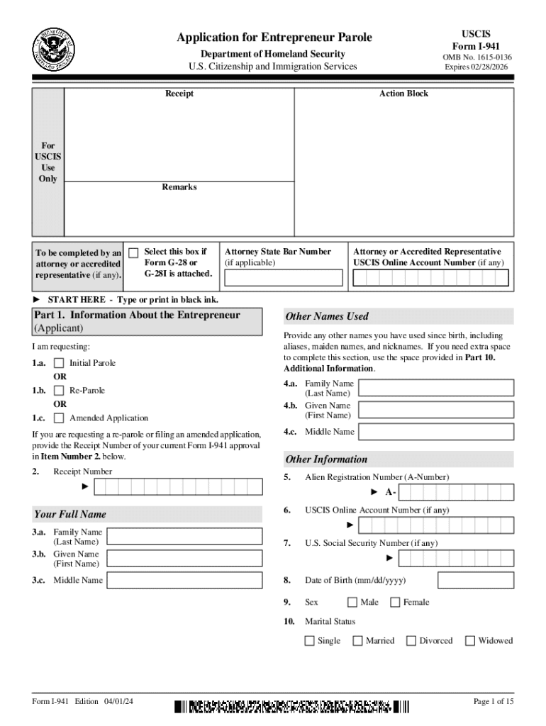  Form I 941, Instructions for Application for Entrepreneur 2024