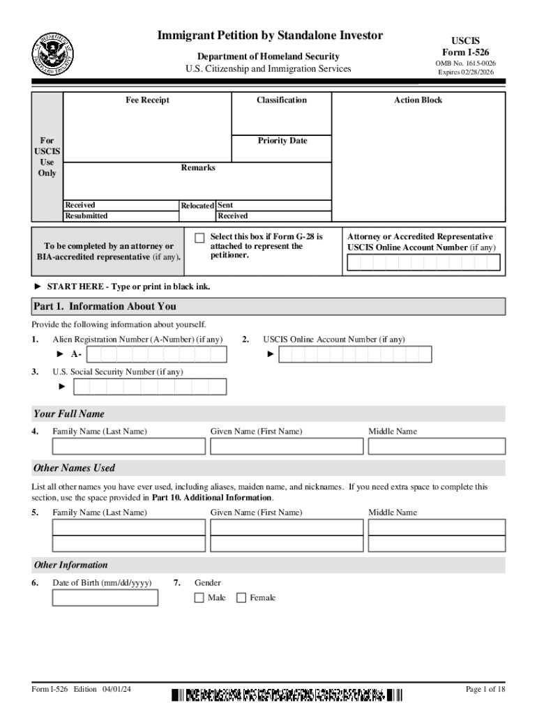  Form I 526, Immigrant Petition by Standalone Investor Immigrant Petition by Alien Entrepreneur 2024