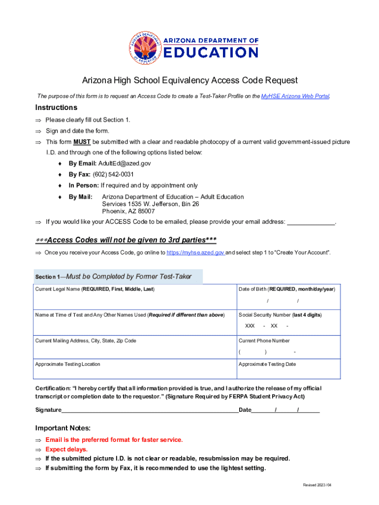  HSE Access Code Request Form 2023-2024