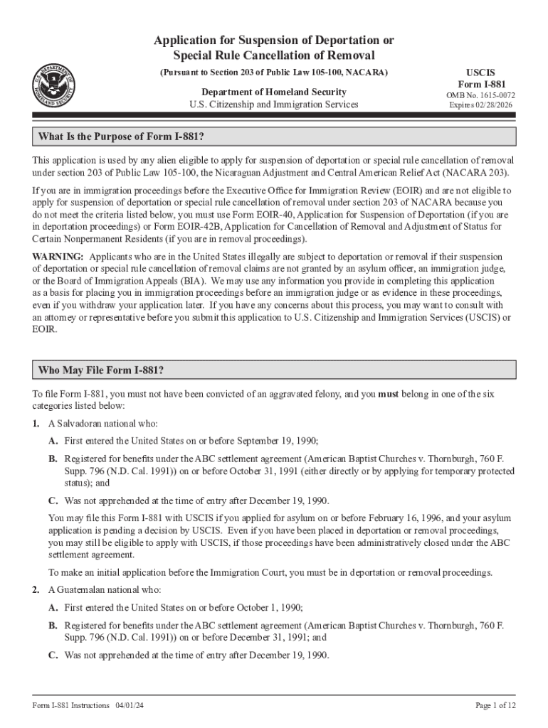 Form I 881, Instructions for Application for Suspension of Deportation or Special Rule Cancellation of Removal