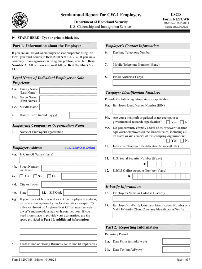  Form I 129CWR, Semiannual Report for CW 1 Employers 2024