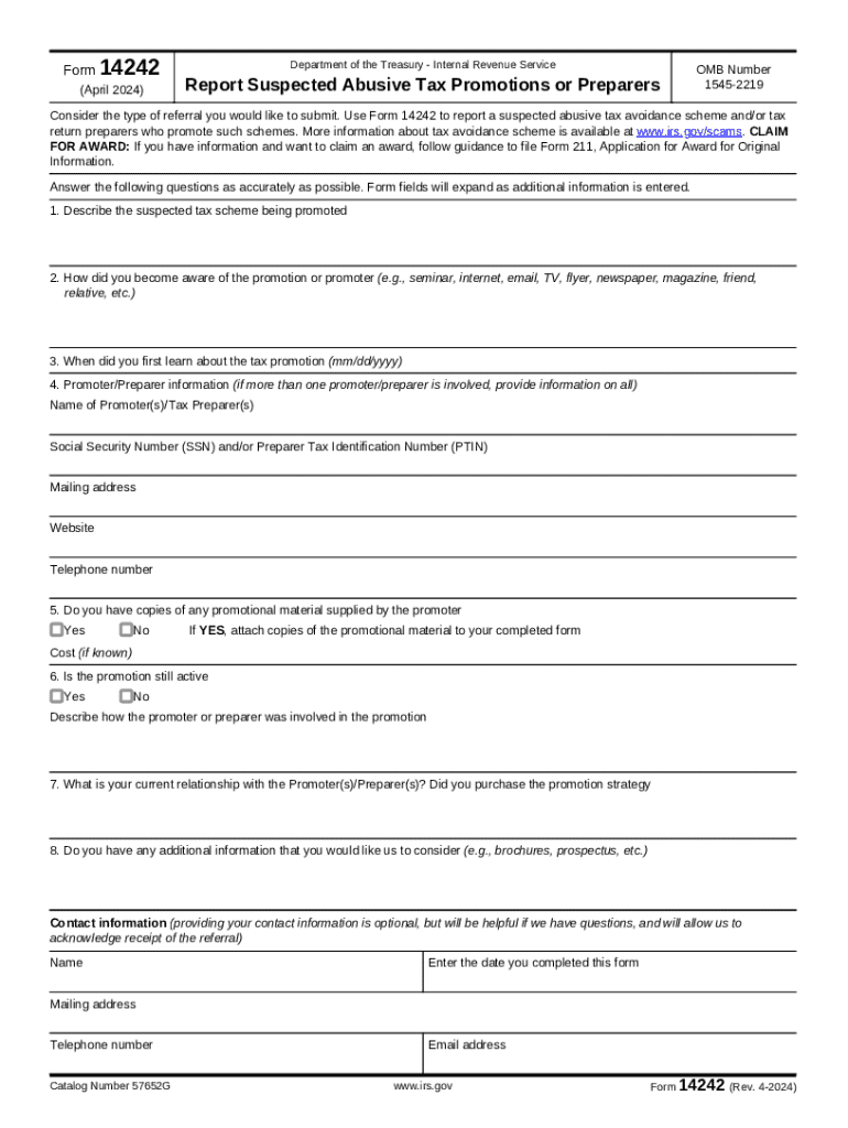 Form 14242 Rev 4 Report Suspected Abusive Tax Promotions or Preparers