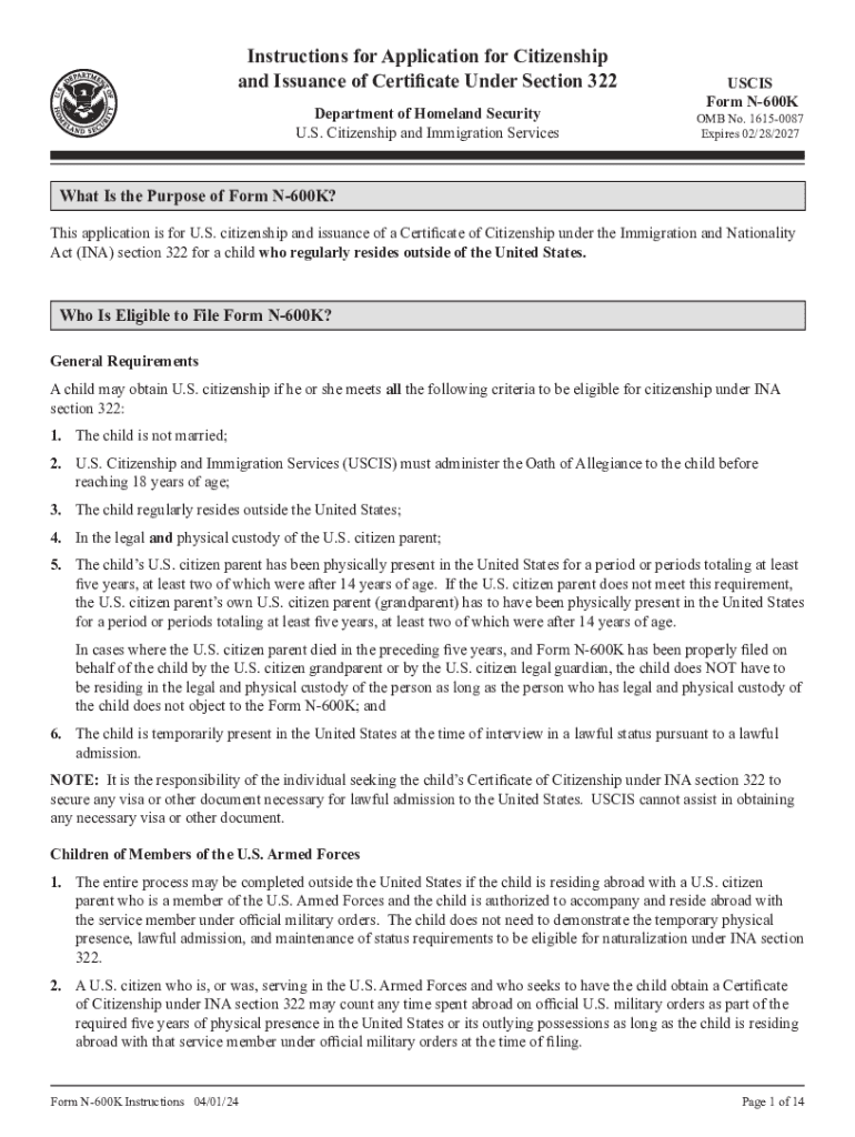 Instructions for N 600K, Application for Citizenship and  Form