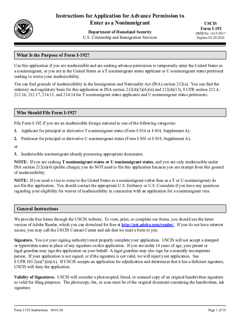 Form I 192, Instructions for Application for Advance Permission to Enter as a Nonimmigrant Instructions for Application for Adva