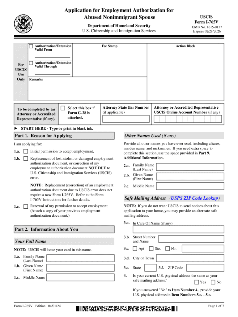 Form I 765V, Application for Employment Authorization for Abused Nonimmigrant Spouse