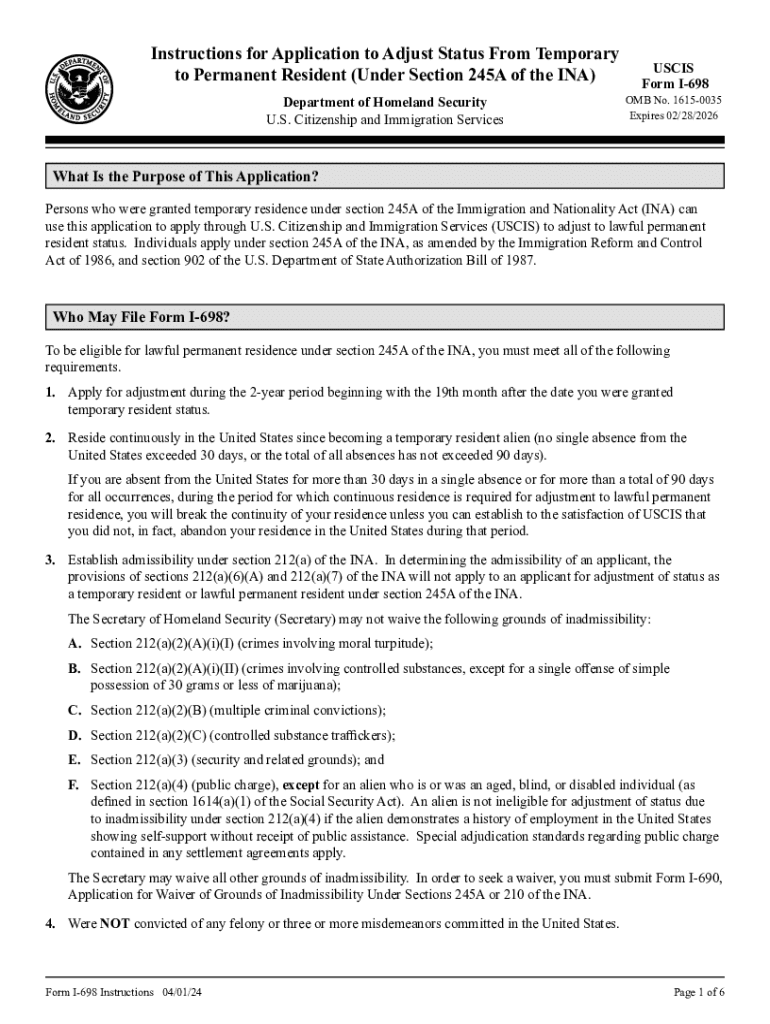 I 698Application to Adjust Status from Temporary to  Form