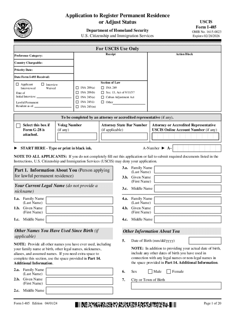 Form I 485, Application to Register Permanent Residenceor Adjust Status