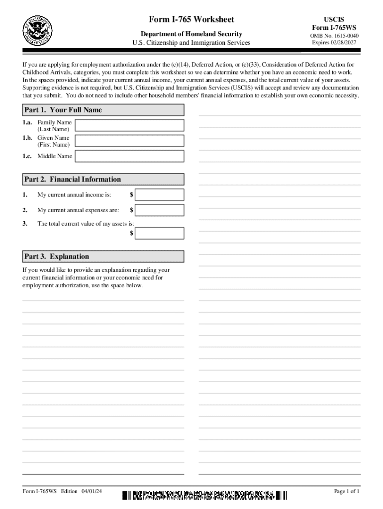 I 765, Application for Employment Authorization Counts of  Form