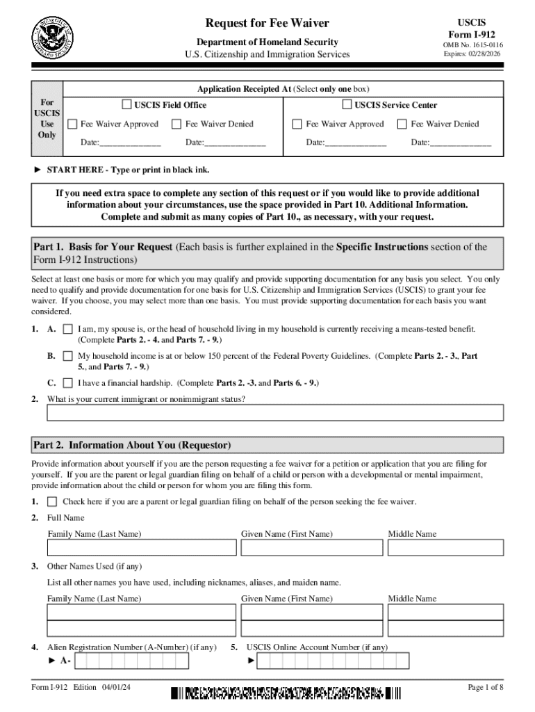 Instructions Form I 912, Fee Waiver Request DRAFT