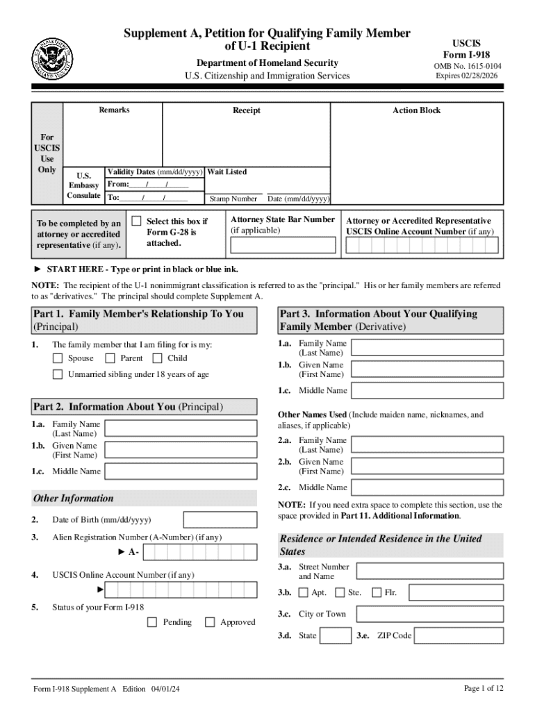  Form I 918, Supplement A, Petition for Qualifying Family Member of U 1 Recipient Form I 918, Supplement A, Petition for Qualifyi 2024
