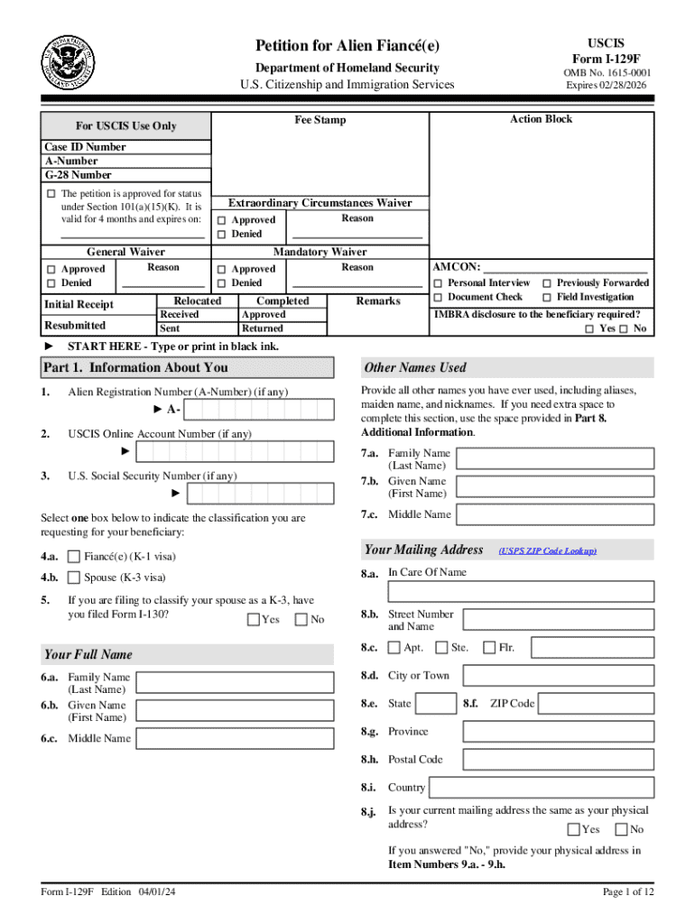 Nonimmigrant Visa for a Fiance K 1  Form