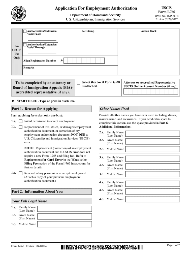  Form I 765V, Application for Employment Authorization for 2024