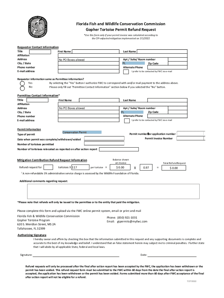  Gopher Tortoise Permit Refund Request Form 2022-2024