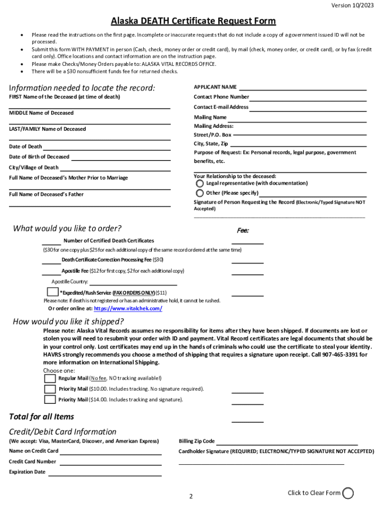  Alaska Death Certificate Request Form 2023-2024