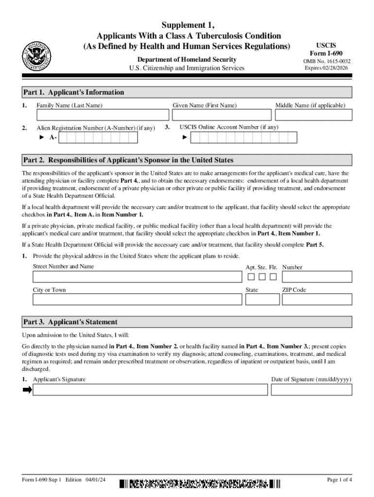 Form I 690 Supplement 1, Applicants with a Class a Tuberculosis Condition as Defined by Health and Human Services Regulations Fo