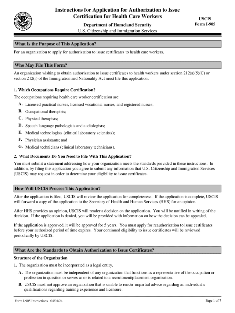 Form I 905, Instructions for Application for Authorization to