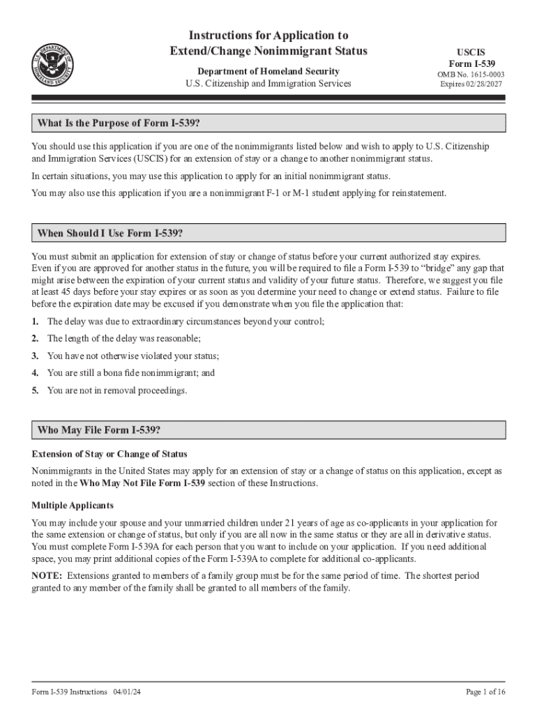  Form I 539, Instructions for Application to ExtendChange Nonimmigrant Status 2024