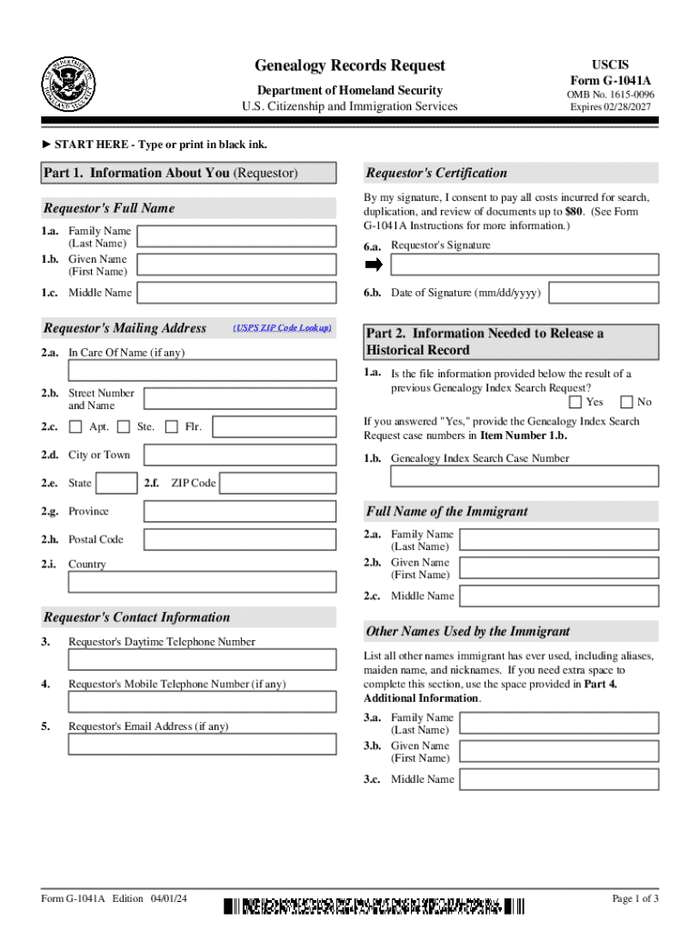  Form I 1041A, Instructions for Genealogy Records Request 2024