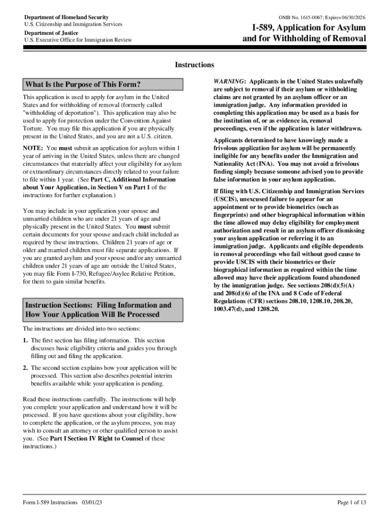  Form I 589, Instructions for Application for Asylum and for Withholding of Removal 2023-2024