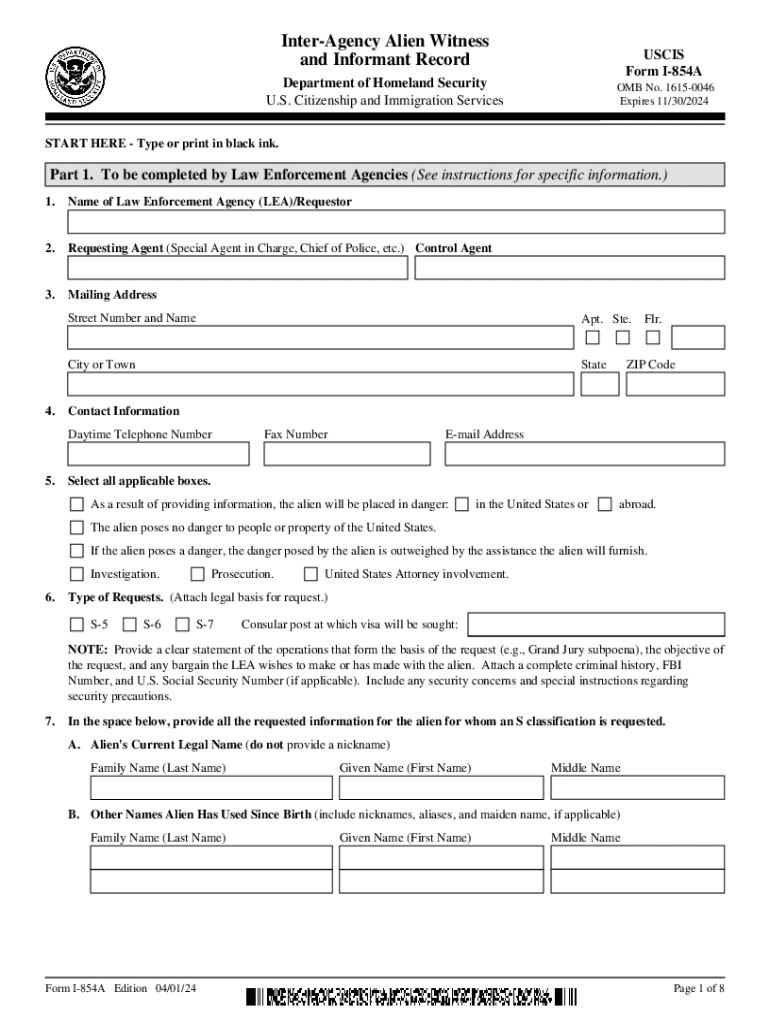  Form I 854A, Inter Agency Alien Witness and Informant Record 2024