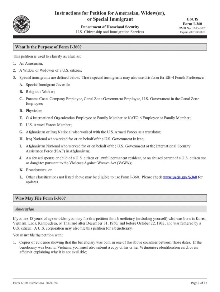  Form I 360, Instructions Instructions for Petition for Amerasian, Widower, or Special Immigrant 2024