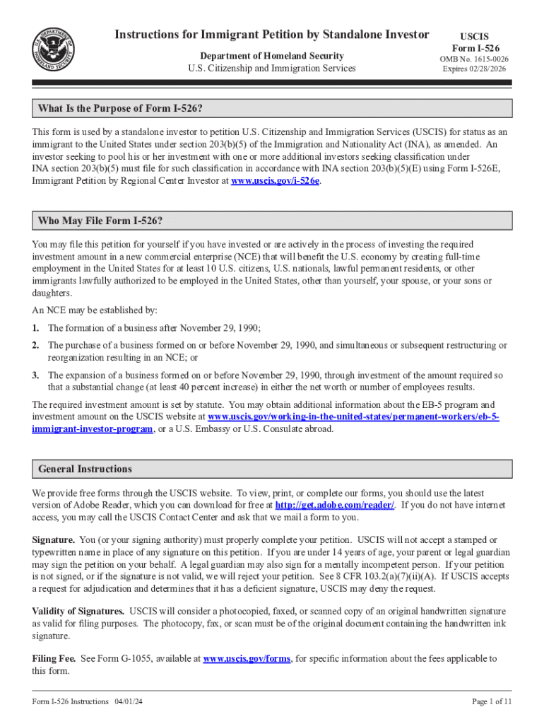  Form I 526, Instructions for Immigrant Petition by Standalone Investor 2024